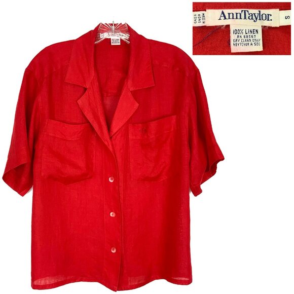 Vintage 90s Ann Taylor 100% Linen Red Button Up Shirt Small - Picture 2 of 16